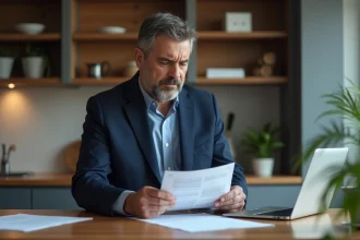 Homme d affaires en costume dans une cuisine examine un formulaire