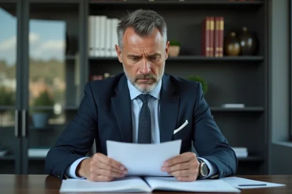 Homme d'affaires en costume bleu lisant des documents juridiques