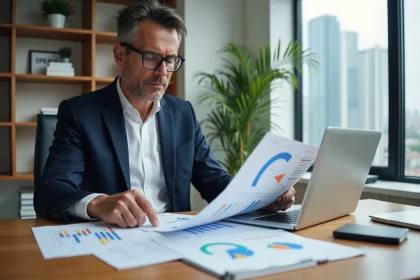 Homme professionnel analysant des graphiques immobiliers