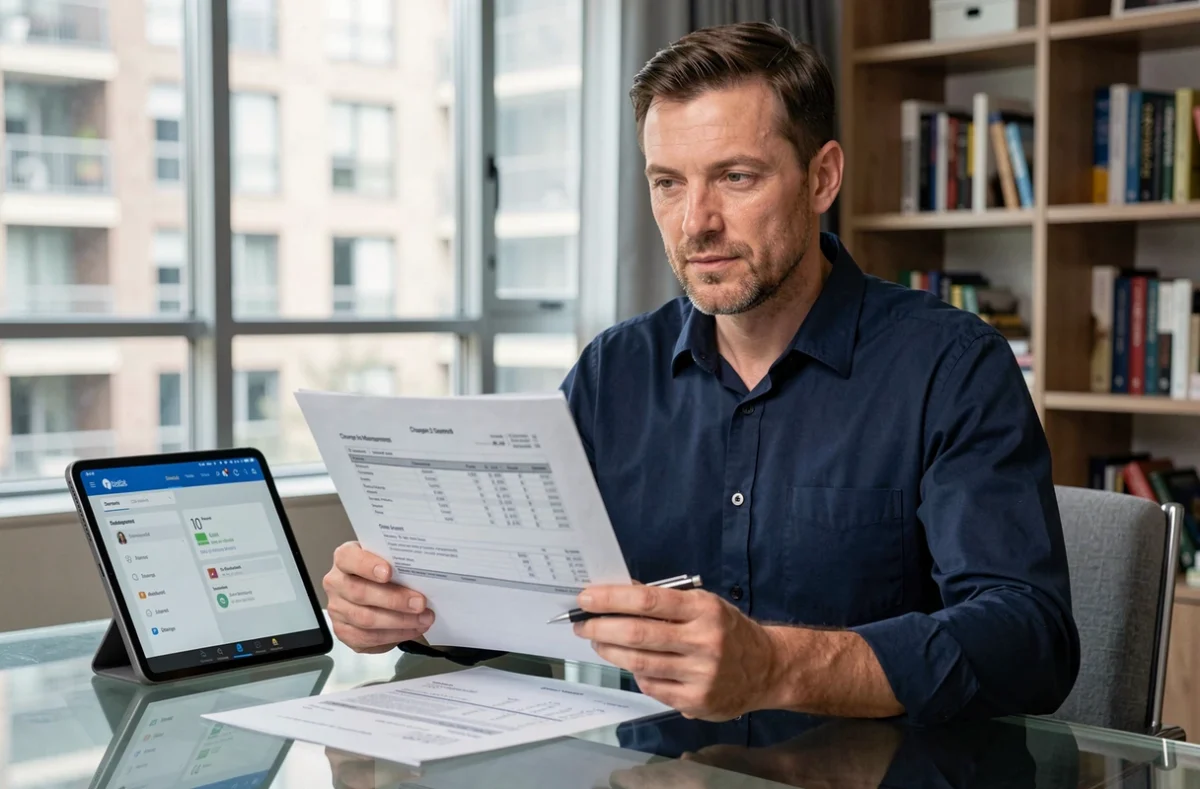 Homme analysant ses relevés de charges locatives imprimés et son espace client sur tablette dans un appartement moderne