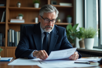 Homme d'âge moyen en costume examine des papiers d'assurance
