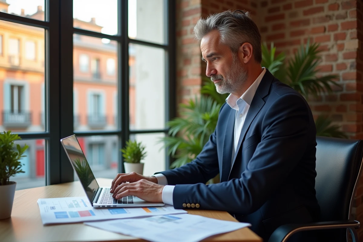 Homme en costume travaillant sur un ordinateur dans une agence immobiliere