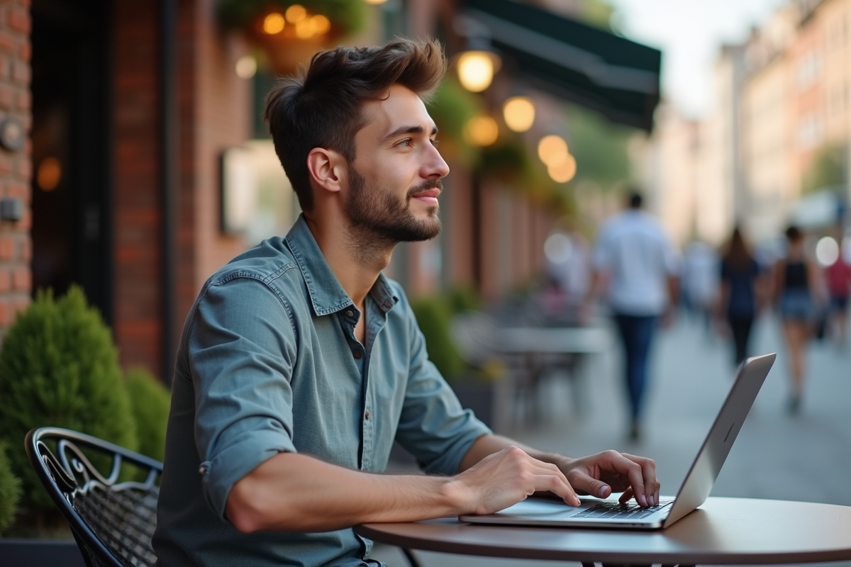 Homme décontracté travaillant sur un ordinateur en extérieur