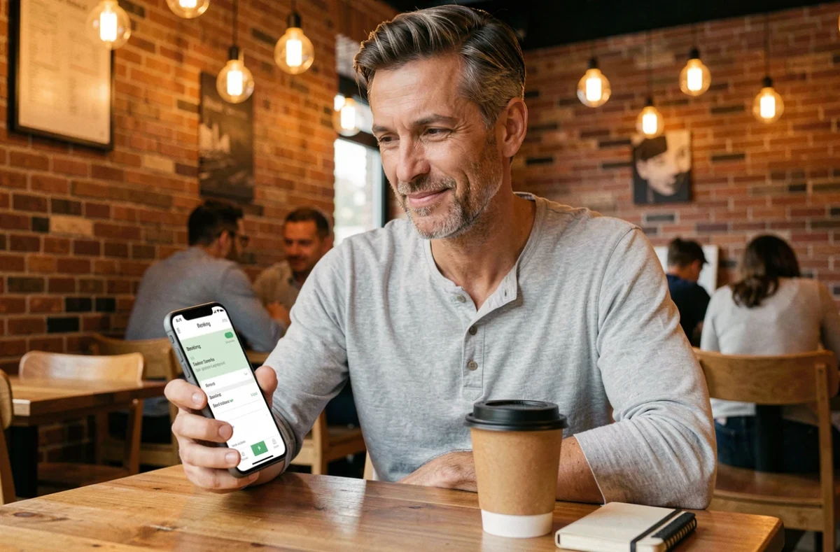 Homme consultant une confirmation de réservation automatique sur son smartphone dans un café urbain