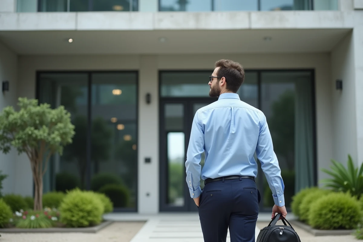 Homme professionnel devant bâtiment neuf en ville