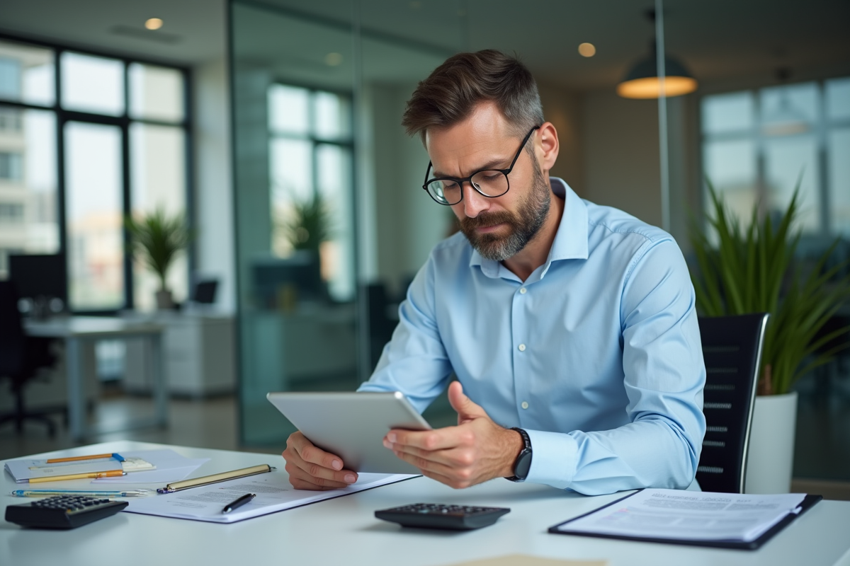 Homme d affaires vérifiant des calculs de location sur une tablette au bureau