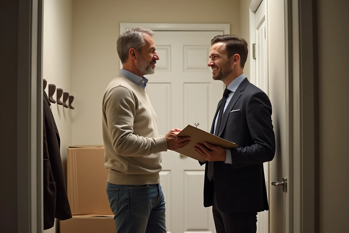 Homme discutant avec un gestionnaire immobilier &agrave; l