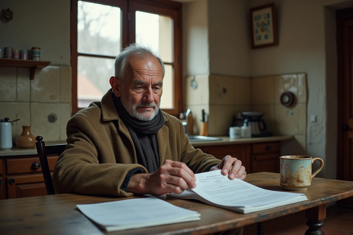 Homme âgé examinant des documents dans la cuisine