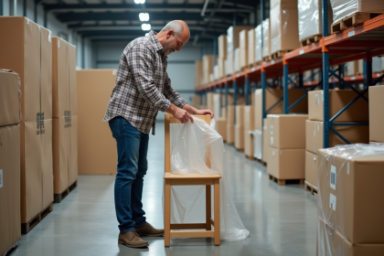 Homme emballant une chaise en bois dans un entrepôt organisé