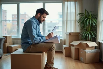 Homme pensif dans un appartement en cours de déménagement