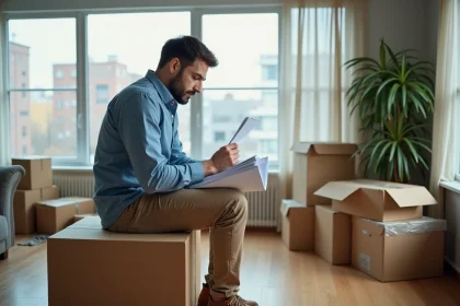 Homme pensif dans un appartement en cours de déménagement