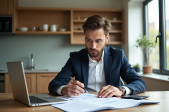 Homme d'affaires en blazer bleu examine documents financiers