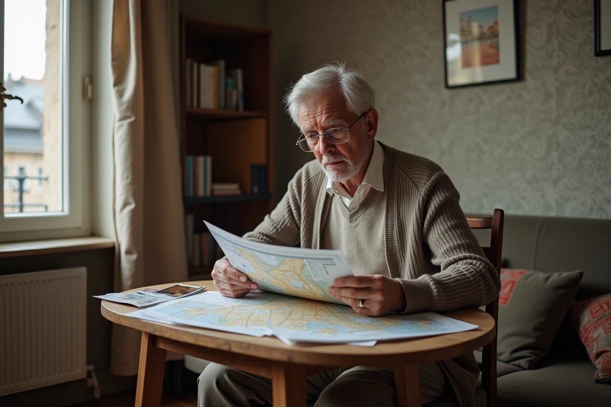 Homme &acirc;g&eacute; examinant des factures de loyer dans son appartement