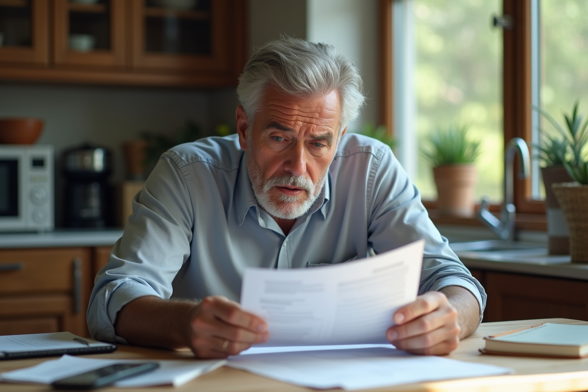Homme inquiet lisant des documents financiers en cuisine