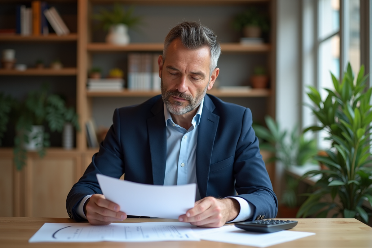 Homme d'âge moyen examine des documents immobiliers