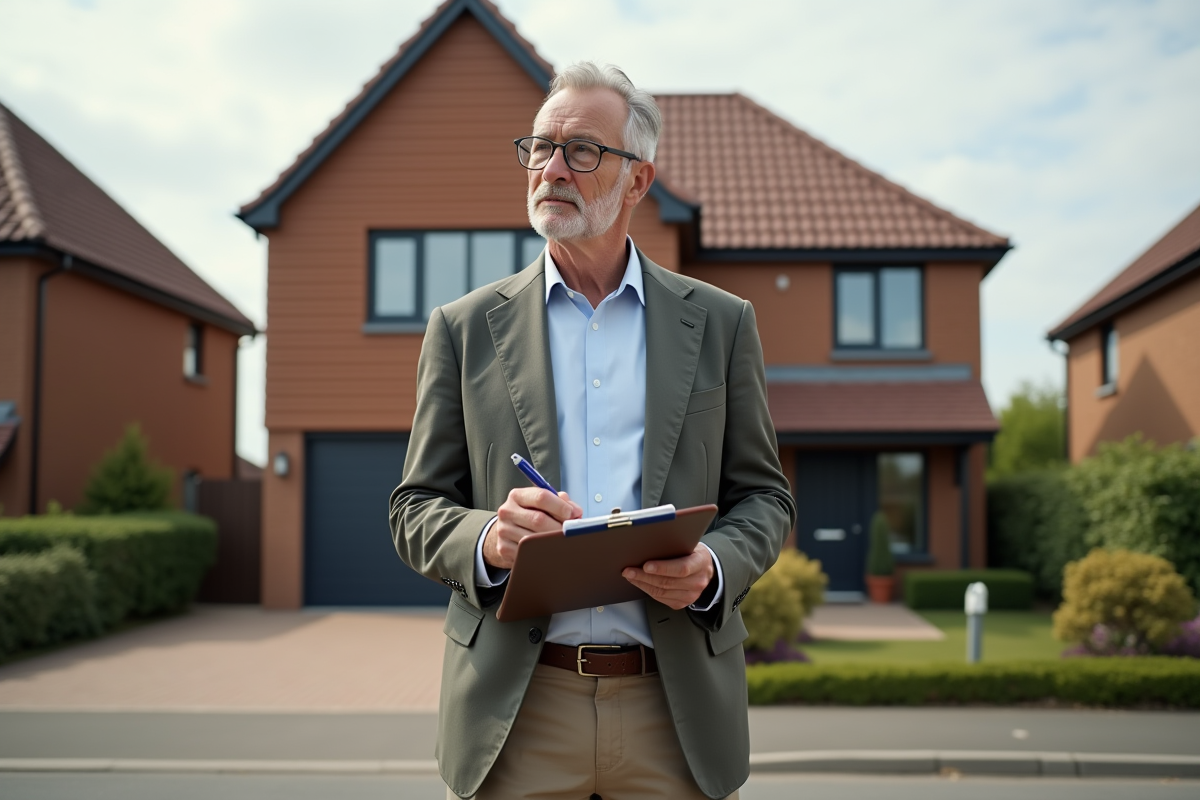 Homme regardant une maison rénovée dans un quartier résidentiel