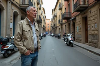 Homme d'âge moyen devant un mur de fresques à Mille