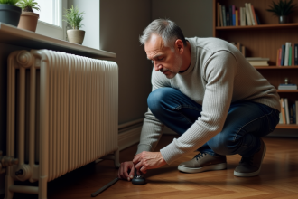Homme d'âge moyen utilisant une clé de radiateur dans un appartement cosy