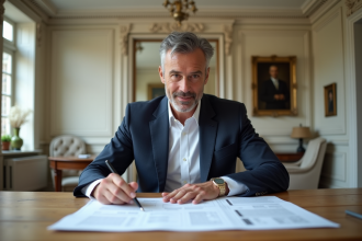 Homme en costume examine plans de renovation dans une salle élégante