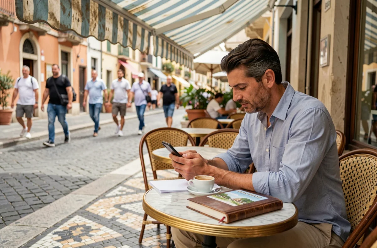 Homme consultant son téléphone et un guide de quartier en terrasse de café dans le vieux Nice
