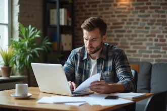Homme concentré triant des papiers dans un appartement