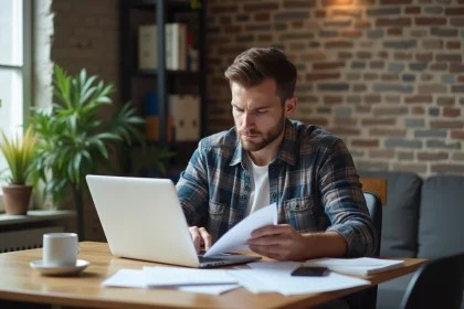 Homme concentré triant des papiers dans un appartement