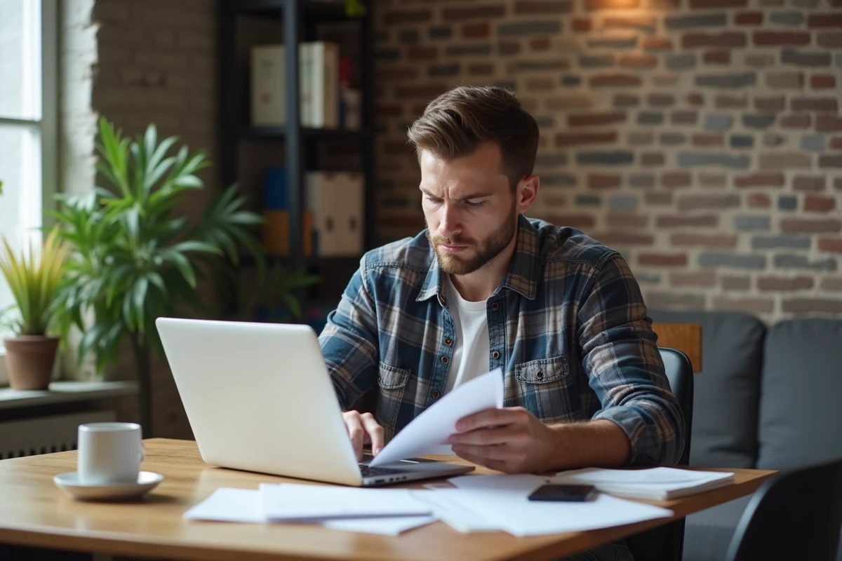 Homme concentré triant des papiers dans un appartement