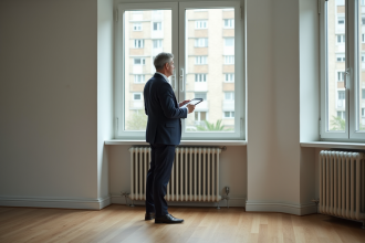 Homme d'âge moyen dans un appartement vide regardant par la fenêtre