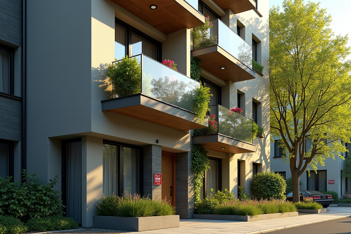 Immeuble résidentiel avec balcons modernes et panneau a louer