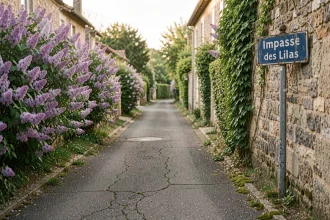 Panneau de l'Impasse des Lilas à Aix-Villemaur-Pâlis avec végétation et ruelle pavée
