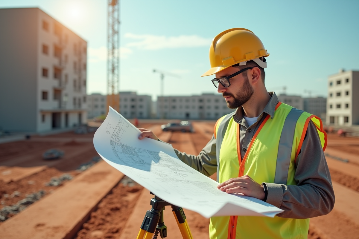 Ingénieur sur chantier en plein soleil avec plans et ligne de marquage