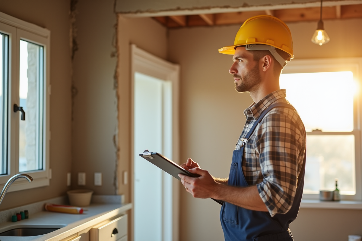 Ouvrier inspectant une cuisine en renovation avec outils visibles