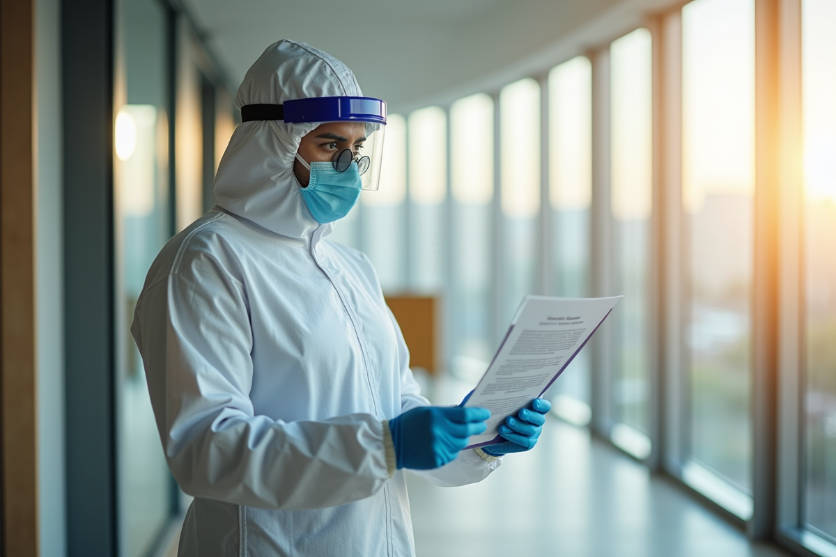 Inspecteur en protection tenant un rapport asbestos dans un appartement lumineux