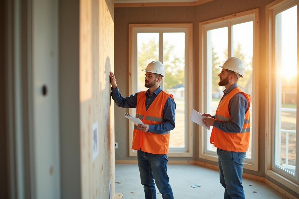 Deux ouvriers et un chef de chantier inspectant un mur neuf