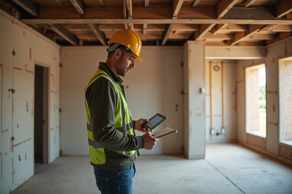 Ouvrier inspectant un chantier de renovation interieur avec murs en briques
