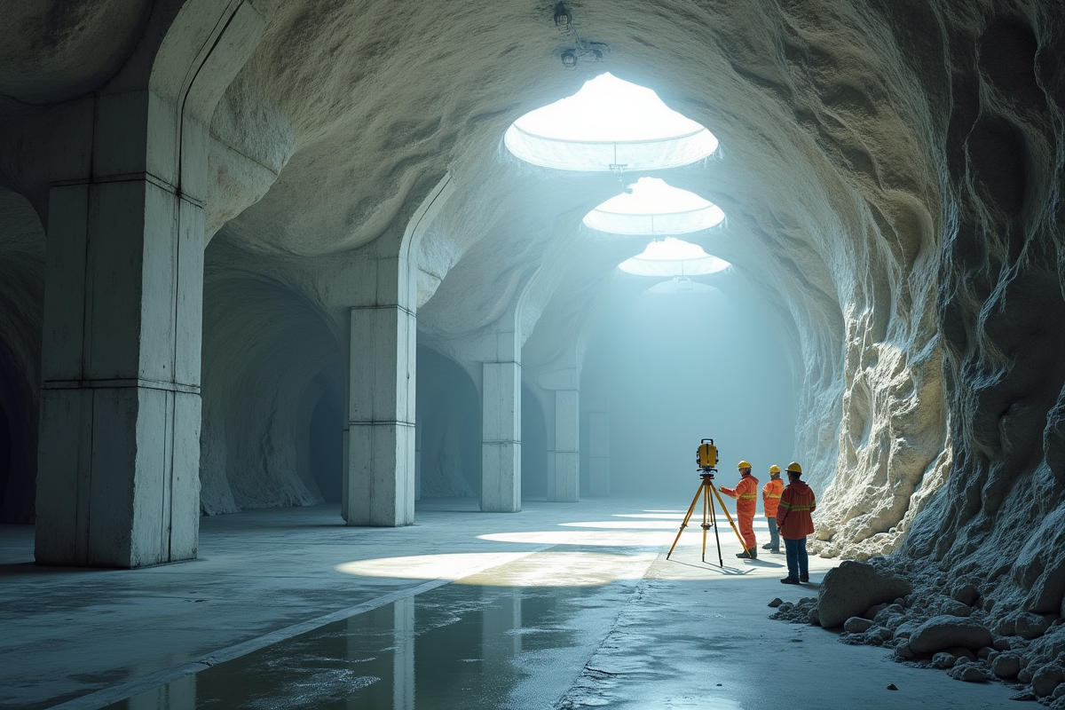 Espace souterrain moderne avec équipe et lumière naturelle