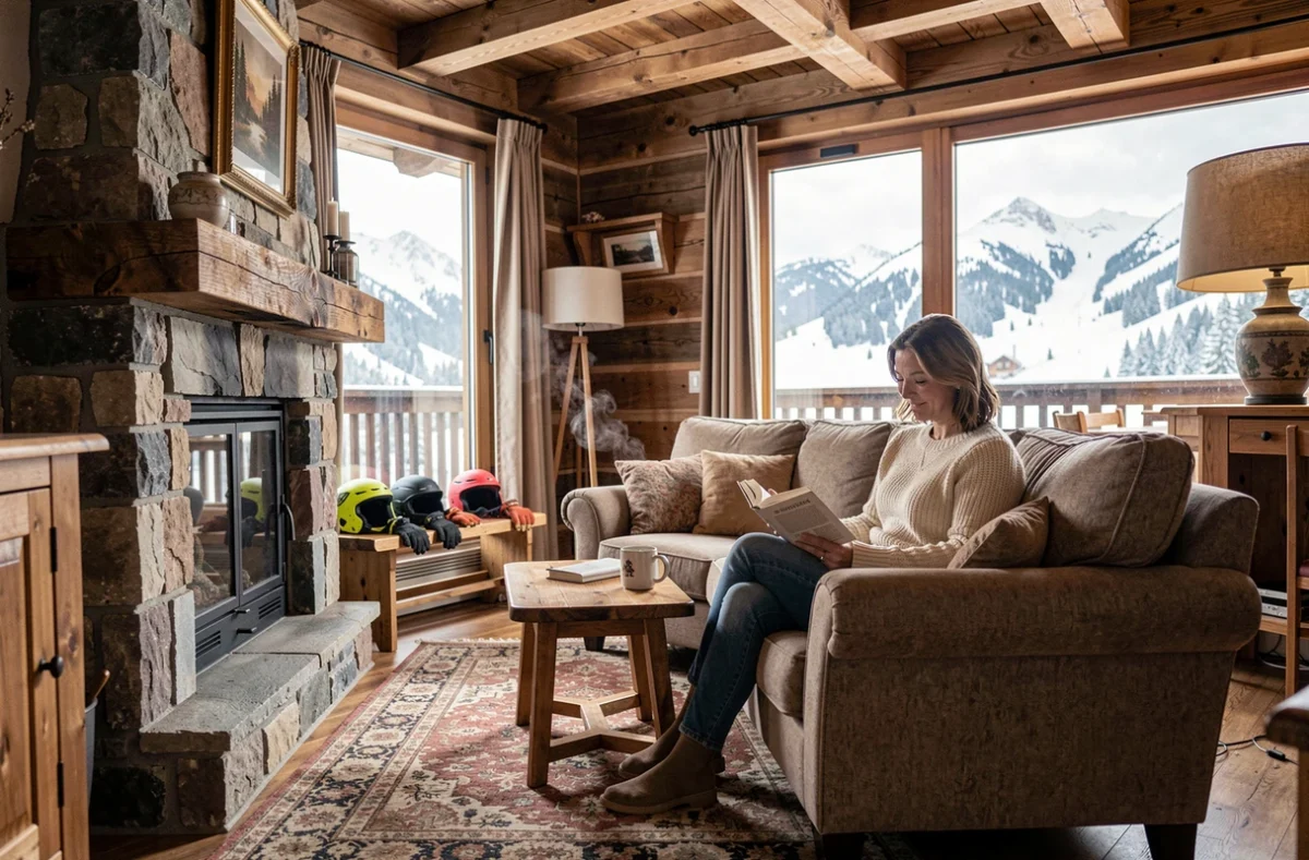Intérieur chaleureux d'un appartement de location à La Croisette Les Menuires avec vue panoramique sur les montagnes enneigées