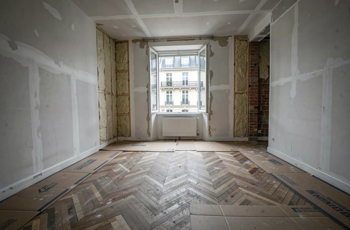 Intérieur d'appartement vide en cours de rénovation avec parquet protégé, isolation visible et fenêtre donnant sur rue parisienne