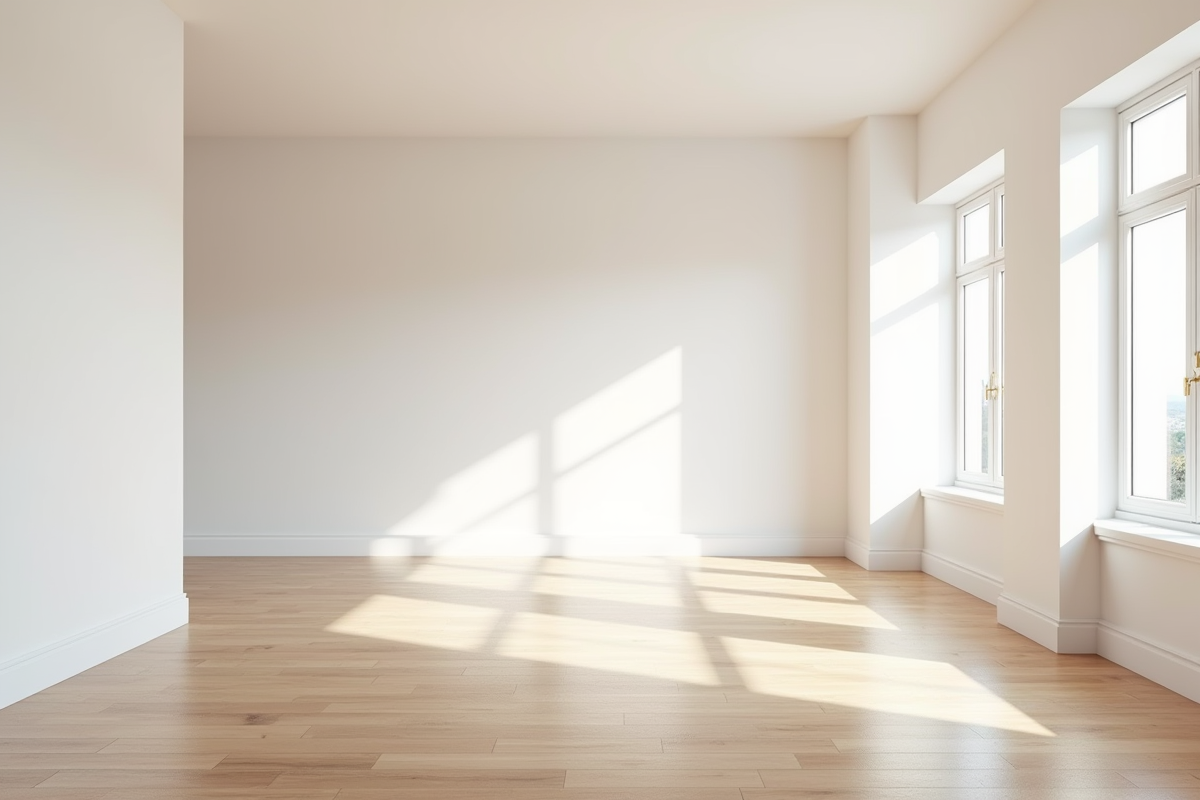 Intérieur moderne après rénovation avec murs blancs et sols en bois