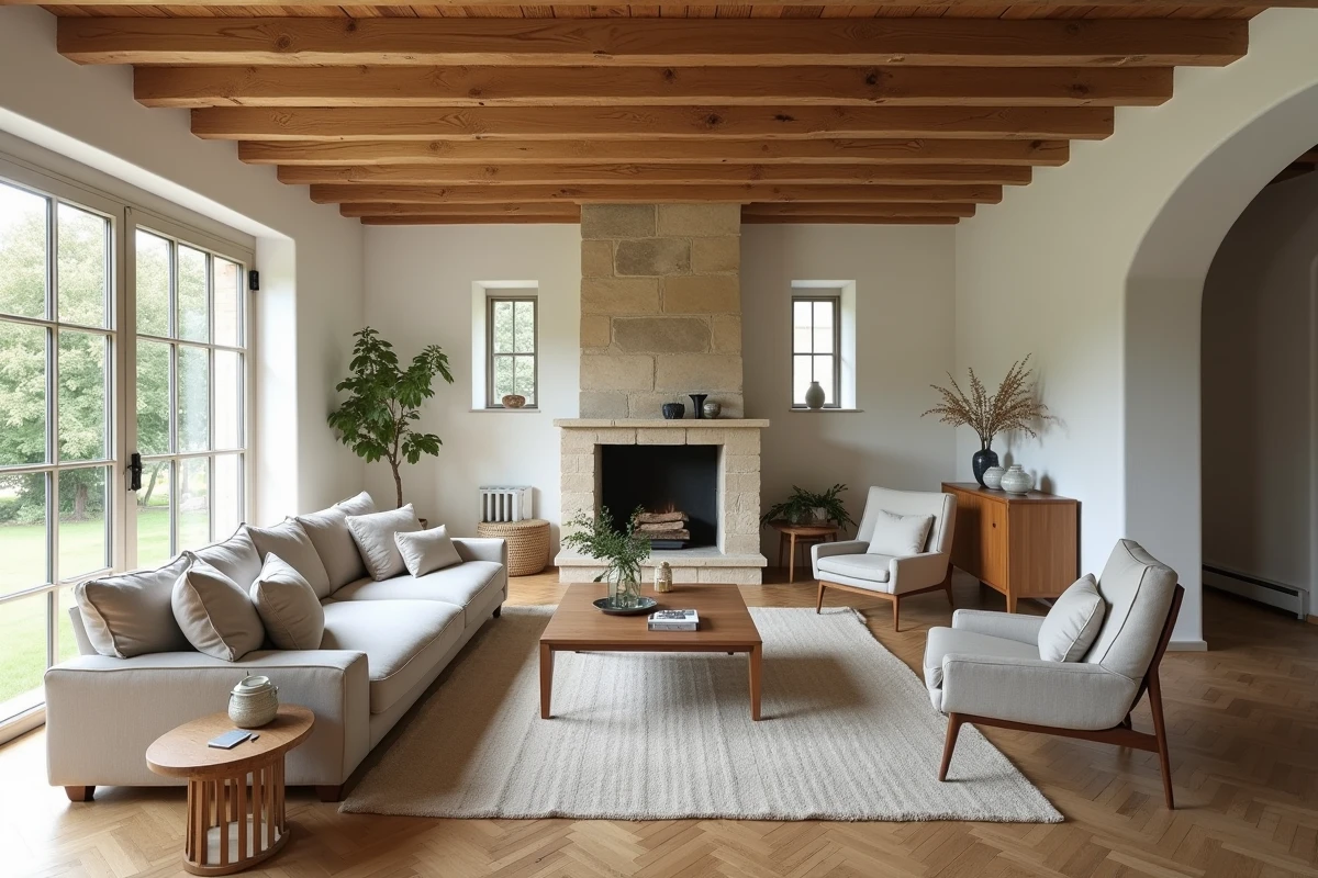 Intérieur rénové d'une maison à louer en Seine-Maritime avec poutres apparentes et parquet en chêne