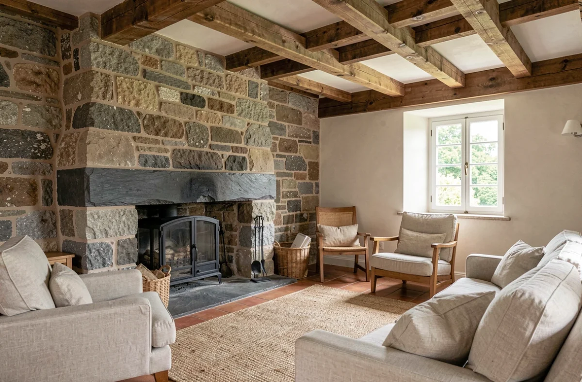 Intérieur rénové d'une maison en pierre bretonne avec mur en granite brut, cheminée en ardoise et poutres apparentes en châtaignier, caractère patrimonial valorisé