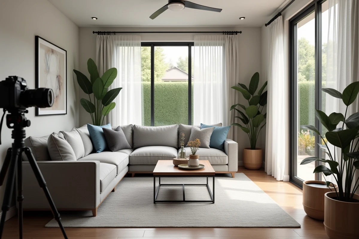 Intérieur d'une maison témoin soigneusement mise en scène avec caméra sur trépied pour une prise de vue virtuelle 360 degrés