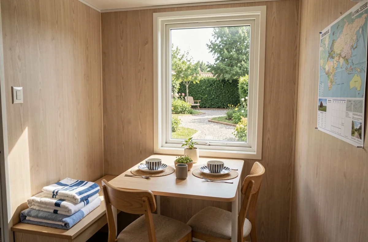 Intérieur aménagé d'un mobil-home en Vendée prêt pour la location saisonnière sur une parcelle privée