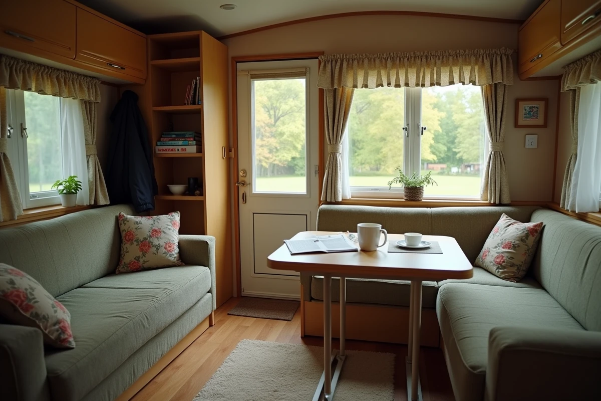 Intérieur d'un mobil-home d'occasion aménagé pour vivre à l'année avec salon et espace repas dans un camping résidentiel