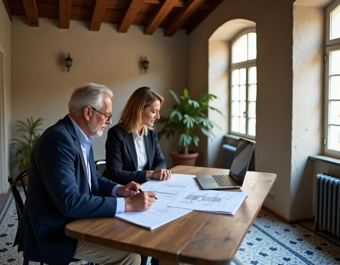 Homme d'âge mûr en discussion avec une agente immobilière dans un appartement rénové traditionnel à Porto