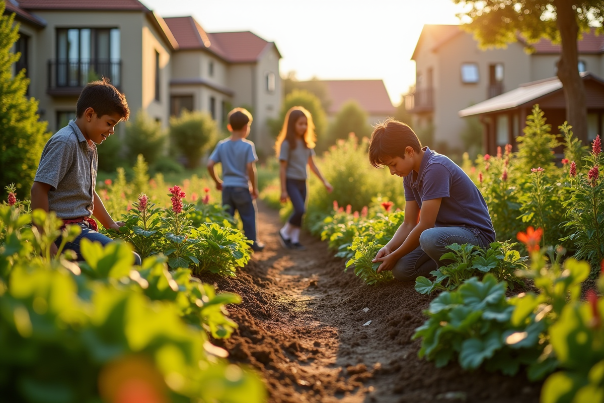 Jardin communautaire avec familles et enfants en plein air