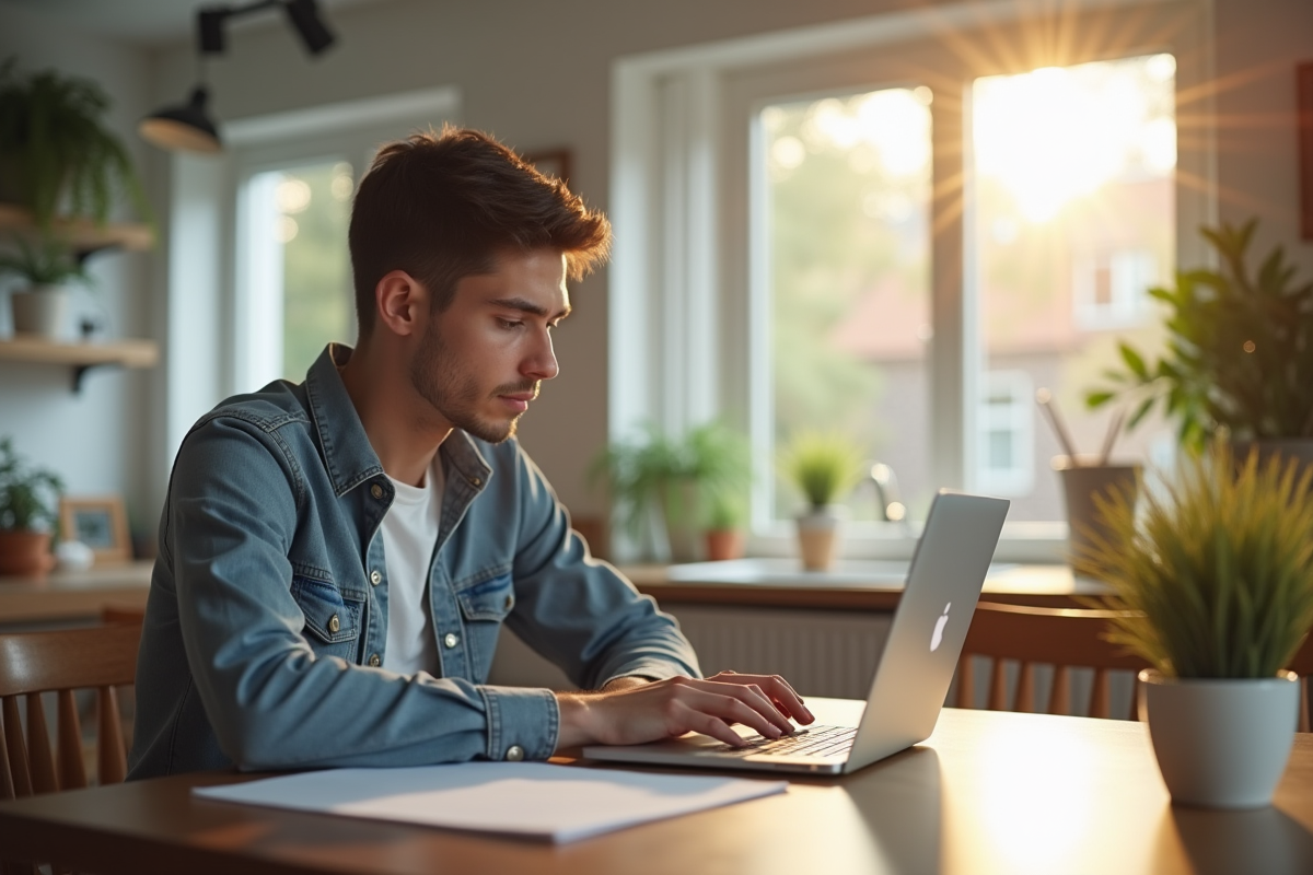 Jeune adulte travaillant à la cuisine avec ordinateur et documents