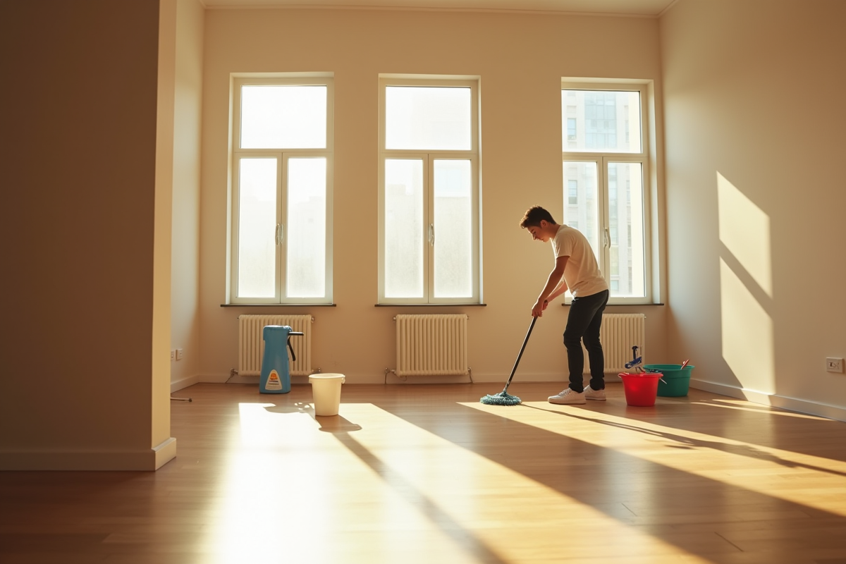 Jeune adulte nettoyant un appartement lumineux vide