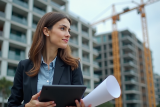 Jeune femme architecte avec plans numériques sur tablette sur site durable