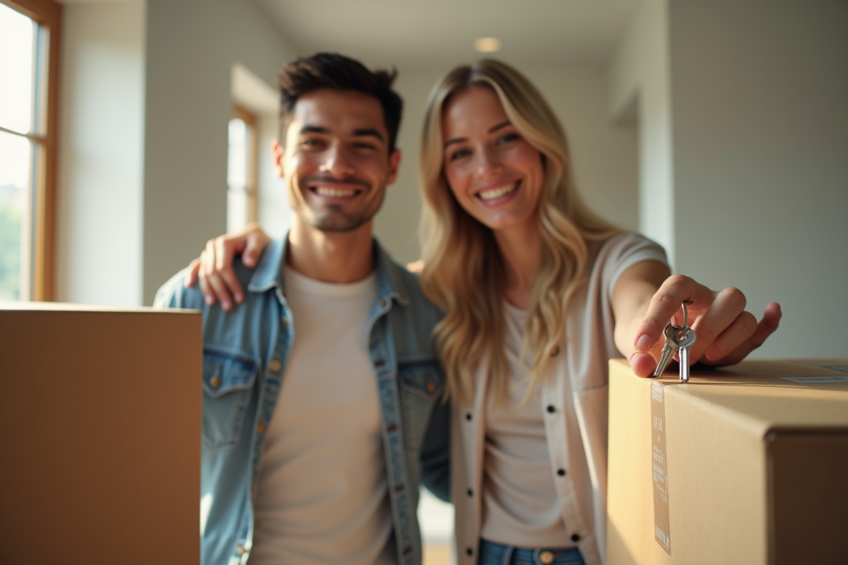 Jeune couple souriant avec clés et cartons move